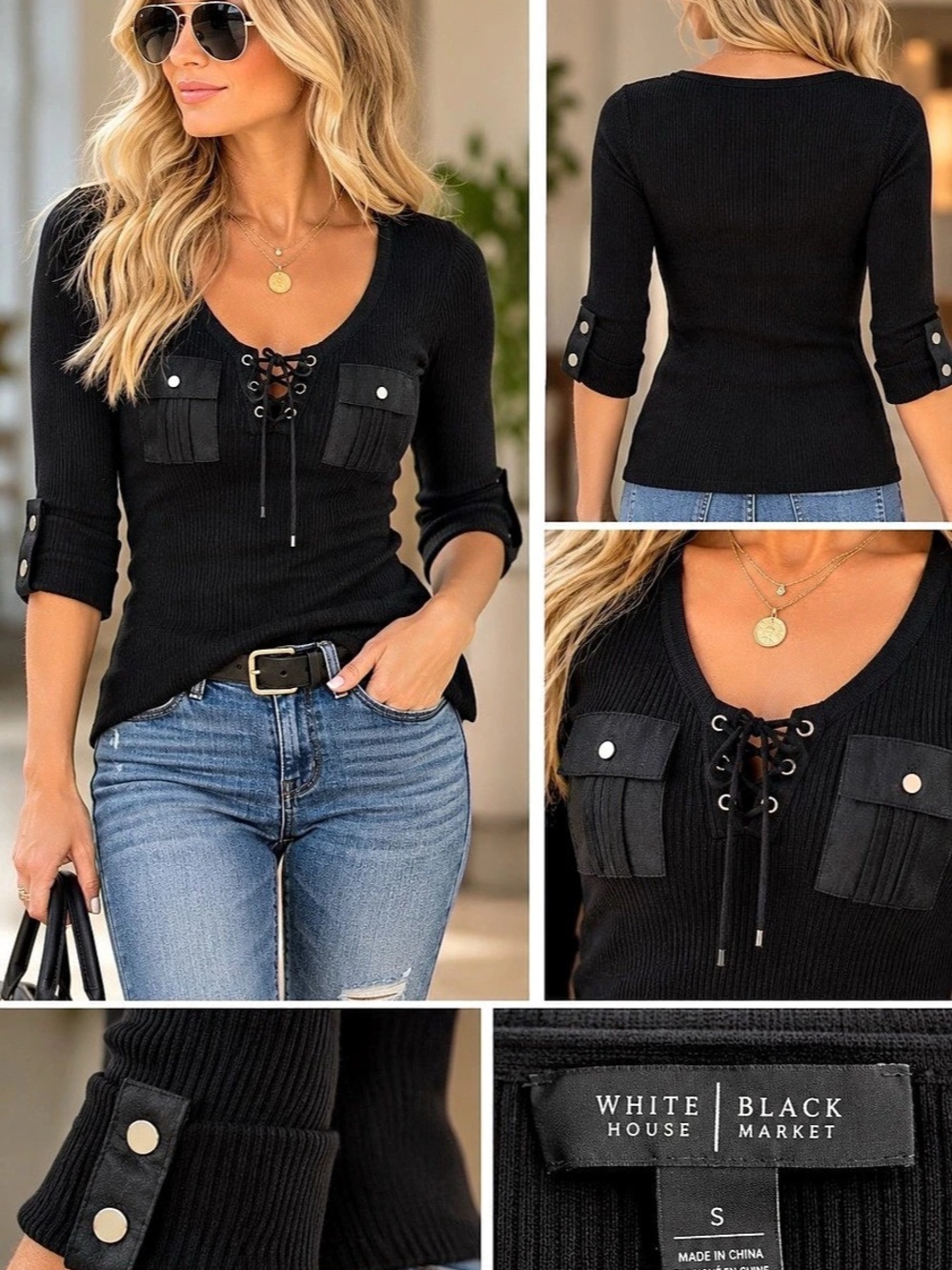 White House Black Market Black Lace-Up Pocket Top Size Small